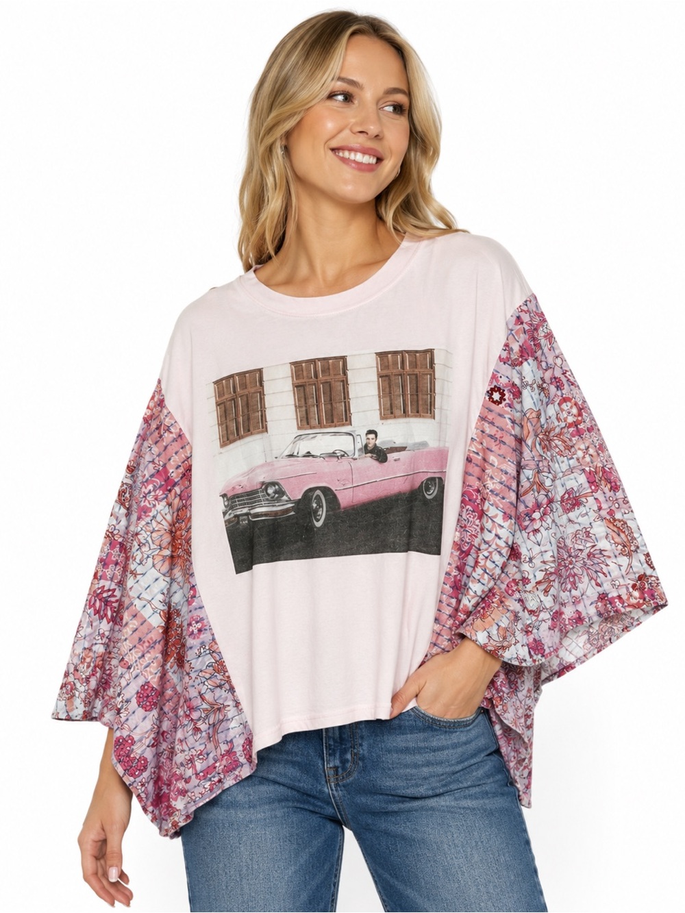 Blue Velvet Bandcho Elvis Pink Cadillac Kantha Sleeve Boho Graphic Top